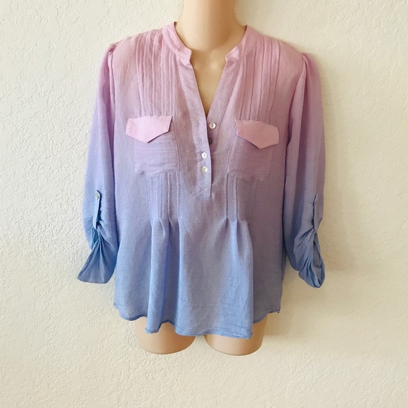 Frye Tops - Frye Pink & Blue 3/4 Tab Sleeves Pleated Front Lightweight 2 Pocket Top Small